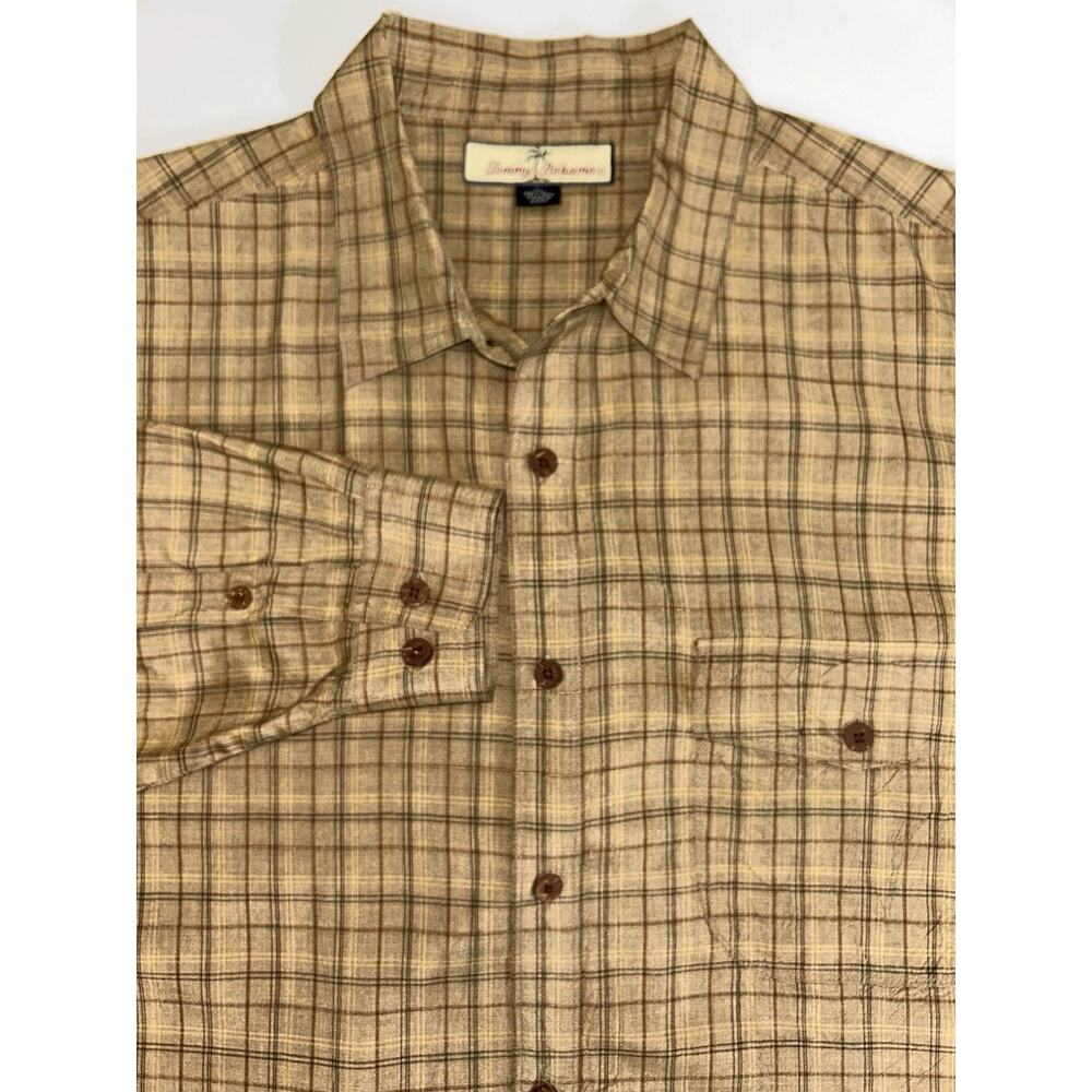 Tommy Bahama 100% Silk Long Sleeve Tan/Brown Plaid Size X-Large
